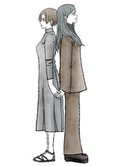 背を向けて笑顔で手を繋いでいる女性の、マンガ風手描き水彩イラスト（同性パートナーのイメージに）