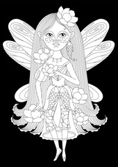 Antistress coloring page for children, a beautiful fairy with lotuses and fish on a black background. Vector illustration.