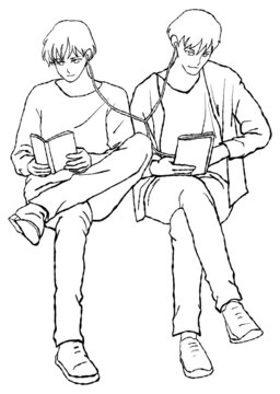 イヤホンを共有しながら読書をする男性の、マンガ風手描き線画イラスト（同性パートナーのイメージに）