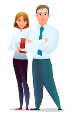 Family of Successful businessman. Cheerful persons in standing pose. Man and women in business shirt and tie. Cartoon comic style flat design. Illustration isolated on white background. Vector