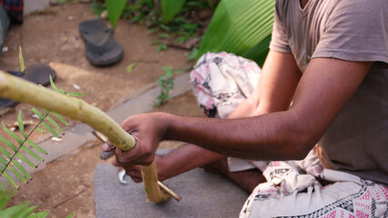 Men preparing cinnamon sticks in Sri Lanka