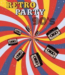 Party in the style of the 90s. Tape cassette music retro vintage. Hypnotic background. Vector Illustration