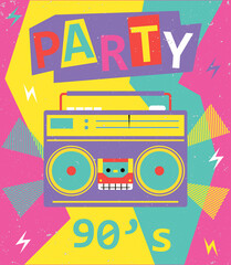 90s Retro Radio Graphic Illustration. Boombox vector Illustration. Banner in trendy 80s-90s memphis style