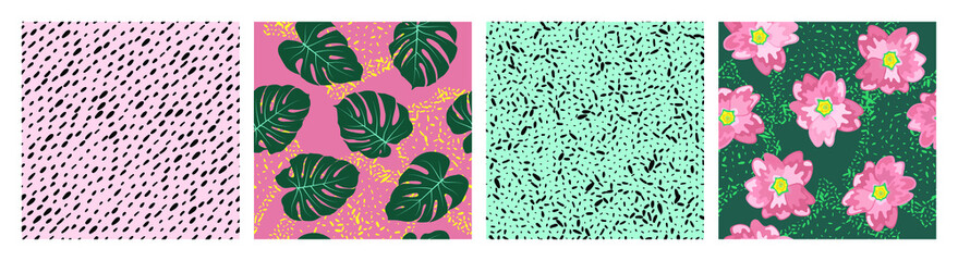 Obraz na płótnie Canvas Monstera tropical leaves, pink flowers. Collage contemporary floral and polka dot shapes seamless pattern set. Modern exotic design for cover, fabric, interior decor.