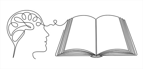 continuous stylized modern drawing of a human head and brain thinking about learning, education, science. Time to learn, to form, to know. flat vector linear illustration on a white background. 