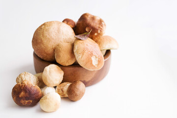 Bunch of fresh forest porcini mushrooms in a round wooden bowl on a white background close up, soft focus, copy space	