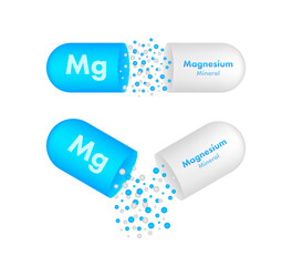 Blue magnesium on white background. Magnesium mineral. Mg pill capsule. Vector stock illustration