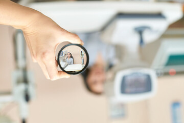 ophthalmologist medical patient. Eye clinic treatment. Hospital optics equipment. Choosing vision...