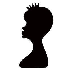 Black silhouette of an African princess with a crown on her head. Profile of a girl with dark skin. Use for logo, avatars, business cards. Digital illustration. Sample.