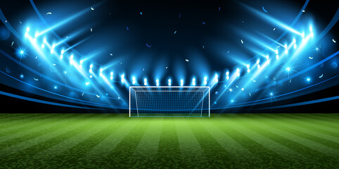 Soccer field with bright spotlights and confetti. Vector illustration