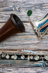 Bass clarinet bell on the wood table