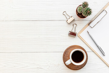 Flatlay of office workplace supplies, top view