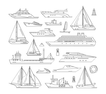 Hand drawn maritime ships. Vector icon set of outline ship at sea, sail boats, speed boat, yacht, liner, sailboat, cruiser and cargo ships. Water ocean transport boat. Sea marine travel