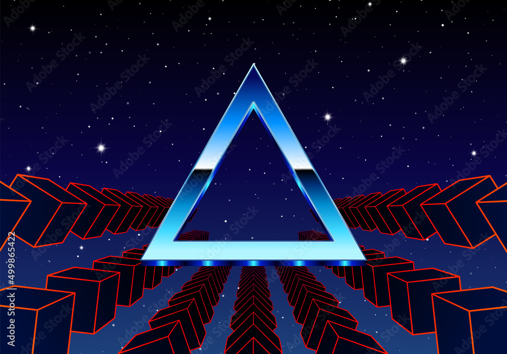 Poster Synthwave frame with chrome triangle and 80s styled synthwave arcade game landscape.