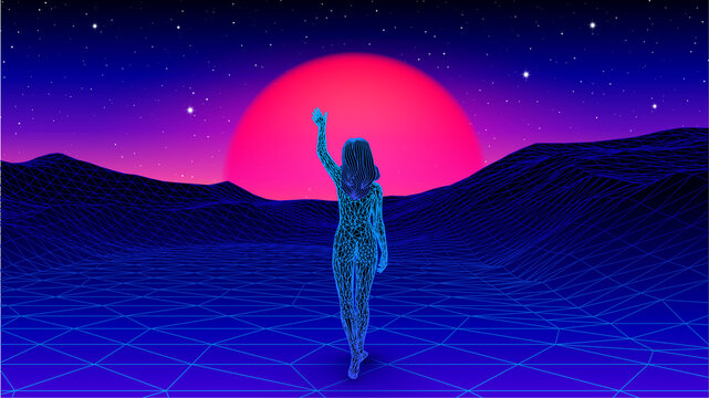 Woman Spreading Arms And Welcoming The Sun In Futuristic Synthwave Or Vaporwave Landscape. 80s Styled Retro Gaming Cover With Human In Digital World.