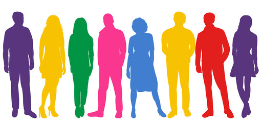 men, women colorful silhouette, on white background