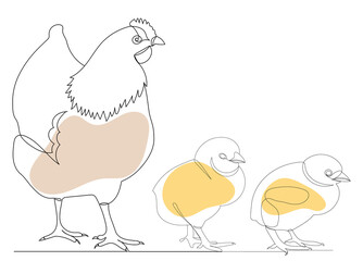 hen and chick one continuous line drawing, sketch, vector