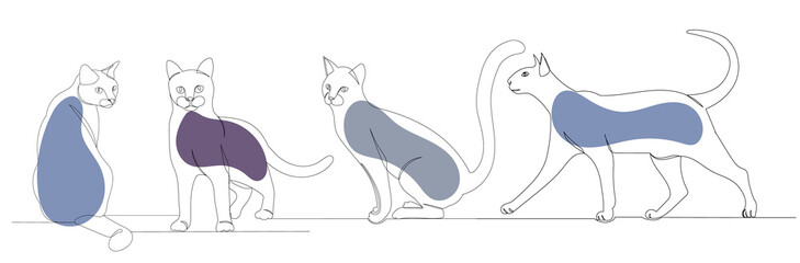 cats drawing by one continuous line, sketch, vector