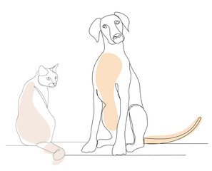 cat and dog drawing in one continuous line, sketch, vector
