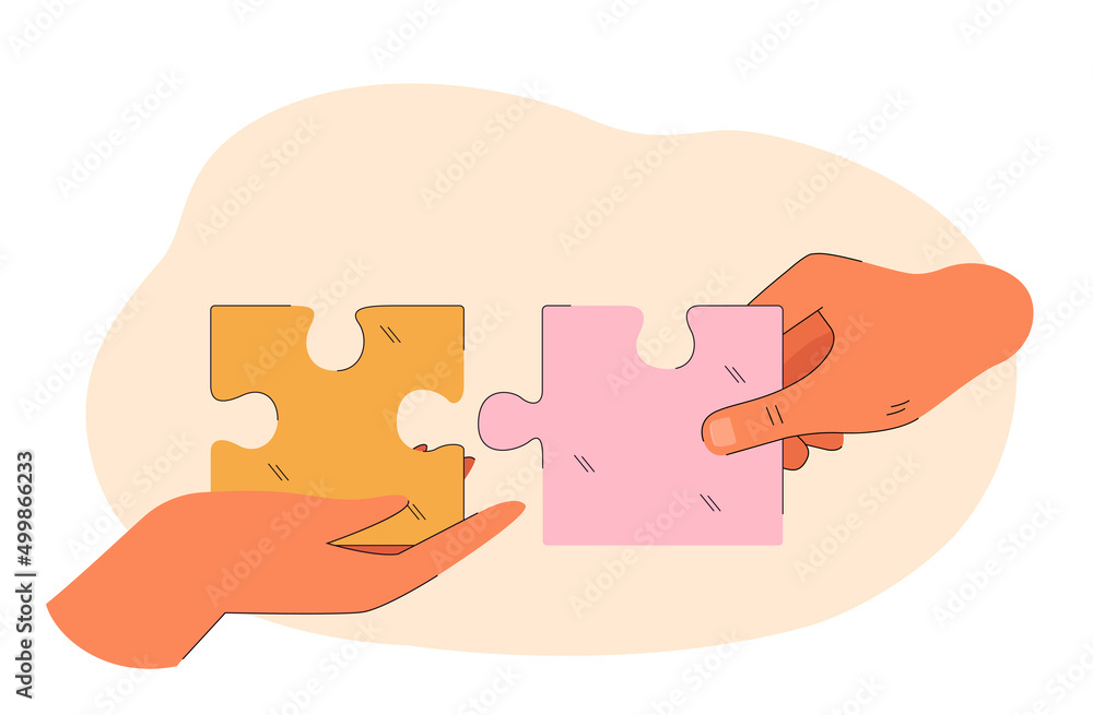 Poster hands holding and connecting two puzzle pieces together. people finding solution to problem flat vec