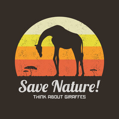 Lonely giraffe. Endangered animal silhouette. Retro vintage t-shirt © arvitalya