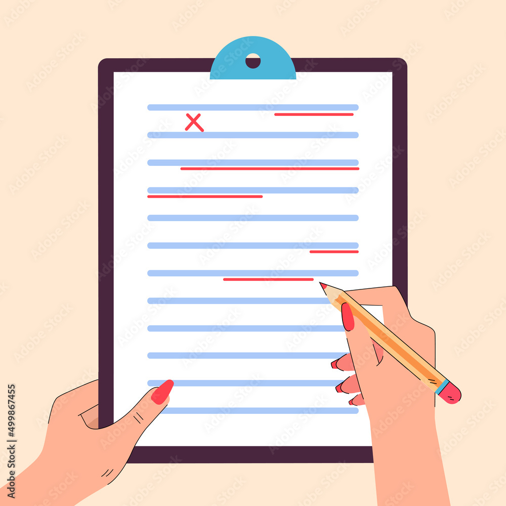 Poster hands of teacher or editor correcting mistakes in document. incorrect grammar or spelling, errors in