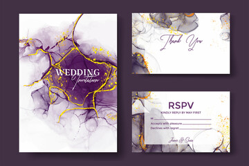 Modern abstract luxury wedding invitation design or card templates for birthday greeting or certificate or cover with watercolor waves or fluid art in alcohol ink style with golden glitter.