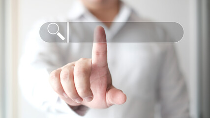 Data Search Technology Search Engine Optimization. man's hands are using a computer keyboard to Searching for information. Using Search Console with your website.

