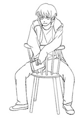 本を手にラフな格好で椅子に座っている男の子の、マンガ風手描き線画イラスト