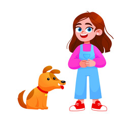 Vector illustration of child with  dog. Happy, funny girl playing, love and taking care of dog  in flat cartoon style.
