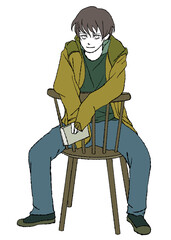 本を手にラフな格好で椅子に座っている男の子の、マンガ風手描きイラスト