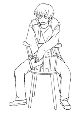 recommend clip art: 本を手にラフな格好で椅子に座っている男の子の、マンガ風手描き線画イラスト