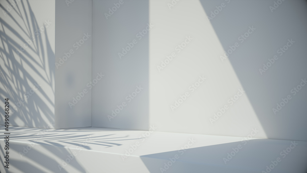 Wall mural 3d rendering stage background product display podium scene with leaf platform. grey stand to show co