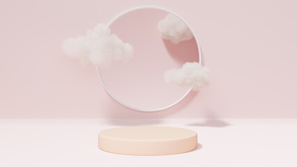 3D podium stand and cloud in background ring.Romantic pink valentine conceptual 3d rendering.