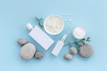 White packaging for cosmetic products, flatlay. Makeup white cosmetic