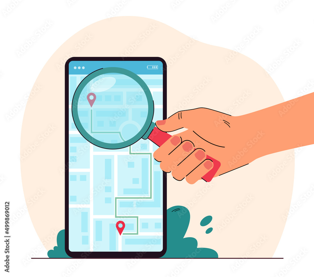 Aufkleber hand holding magnifier in front of phone with city map on screen. mobile application with route to d