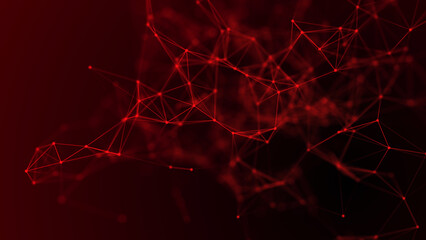 Red abstract space with connecting dots and lines. Dark background. 3D rendering.