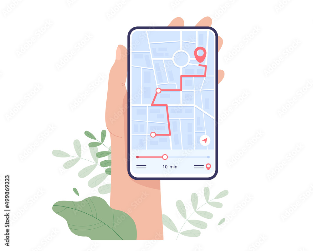 Poster hand of cartoon character holding phone with navigation app. map with location and route on smartpho