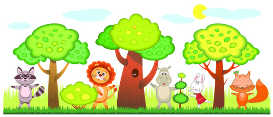 
Funny animals. A group of animals on a background of trees. Vector drawing, design, postcard.