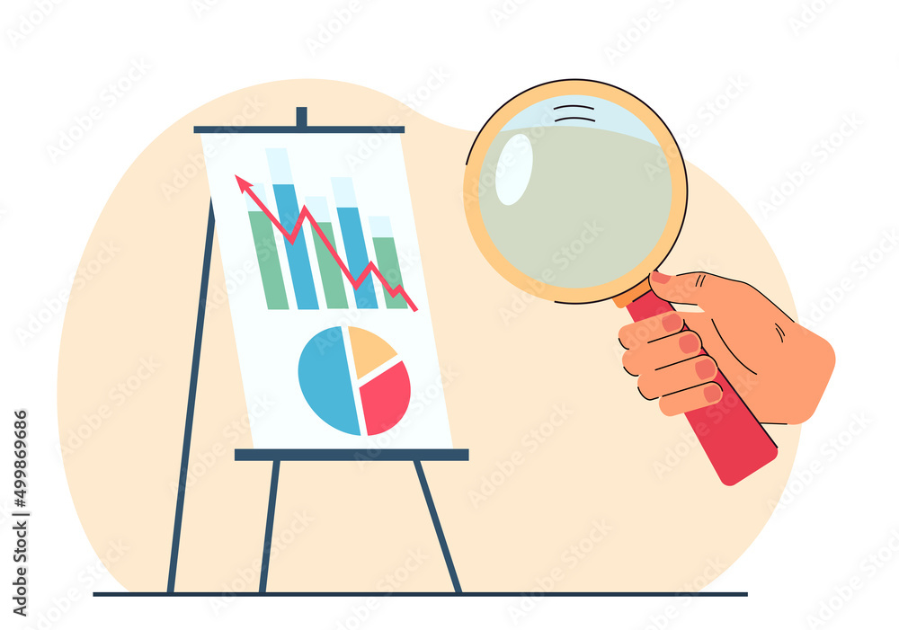 Poster hand of worker with magnifier studying business chart. bar graphs, diagram and upward arrow as symbo