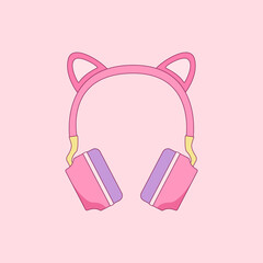 Pink headphones with cat ears flat vector illustration. Cute gaming headphones for girls.