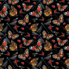 Seamless pattern: multicolor butterflies, dragonflies, ladybugs on black. Dark design with hand drawn watercolor summer insects for textile, wallpaper, wrapping paper.
