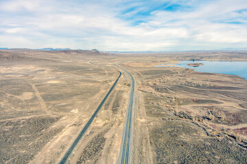 Aerial view of Highway 50, The Loneliest Road in America near Lahontan Reservoir in Northern Nevada.
