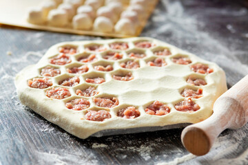 The process of making home-made dumplings. Dumplings preparation process on the table with dough, rolling pin and ready-made dumplings