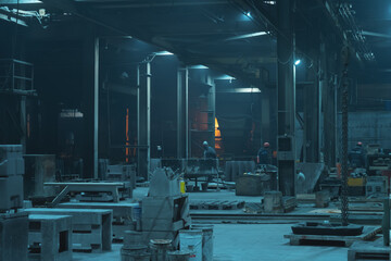 Heavy Industry, industrial production of metal manufacturing in foundry factory, workshop with...