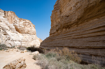 Trail head of the Canyon of Ein Avdat National Park, oasis in the Negev Desert, Southern Israel, Text is: Ein Avdat, Ein Mor