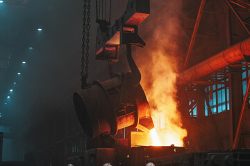 Metal pouring with sparks. Smelting of cast iron parts in foundry. Metallurgical plant or Steel...
