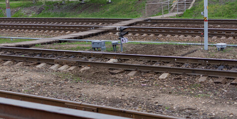 Railway tracks. Old railway, fresh green grass