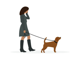 Female character walking with a dog on a leash and talking on the phone on a white background