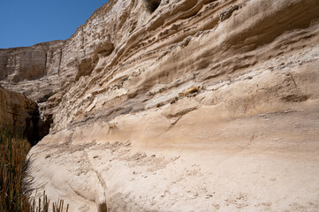 Trail head of the Canyon of Ein Avdat National Park, oasis in the Negev Desert, Southern Israel, Text is: Ein Avdat, Ein Mor